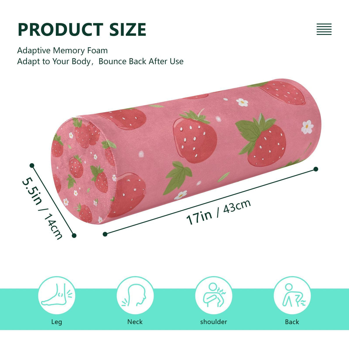 Neck Roll Pillow Bolster Pillows Round Health Memory Foam Long Cervical Cylinder Body Removable Washable Cover Bed Legs Back Yoga Pink Strawberry (Strawberry 1)