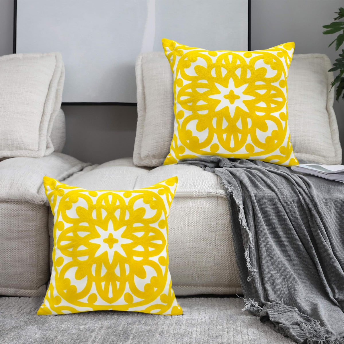 Embroidered Decorative Throw Pillow Cover 18"x 18" Set of 2 (Fresh Yellow / 18" x 18" (Pack of 2))