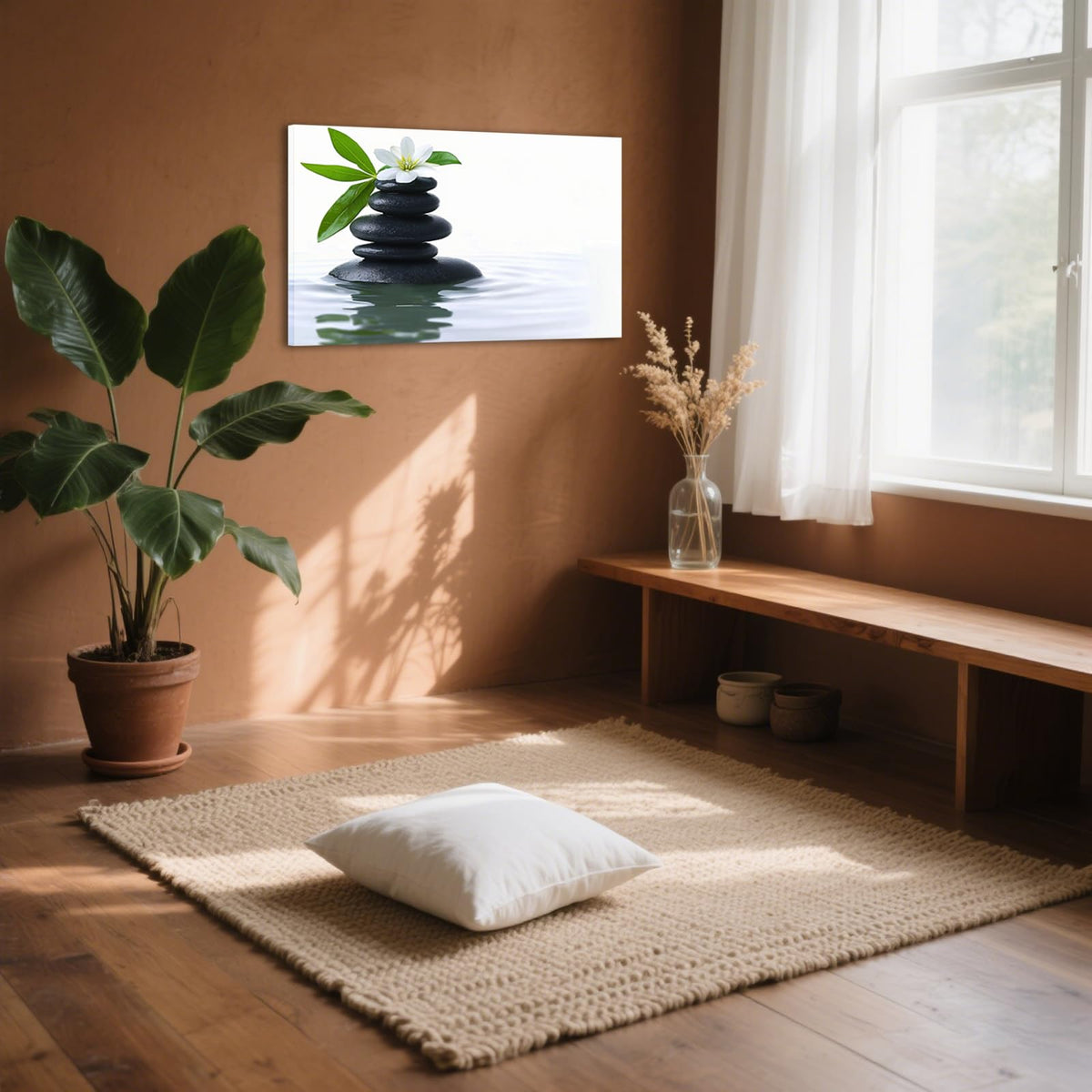 Zen Canvas Painting Wall Art Black Stone White Flower in Water Spiritual Framed Artwork Poster for Yoga Meditation Room Spa Bathroom Decor (WE000050-5 / 18"L x 12"W)