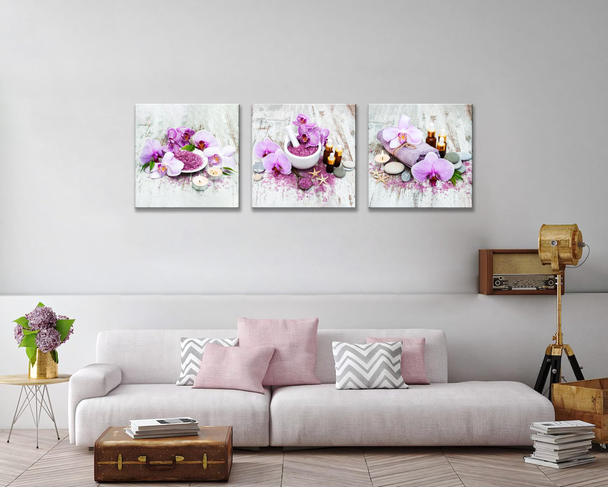 3Pcs Purple Zen Orchid Flowers Lavender Spa Canvas Prints Art Zen Floral Wall Art Aromatherapy Bath Salts Decor for Home Purple Ready to Hang Canvas Art for Relaxation Wellness Spaces (16X16inchX3pcs / Spa&Orchid)