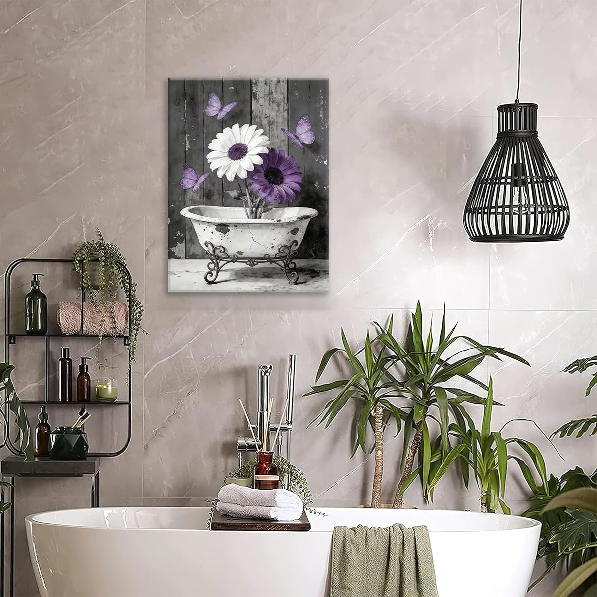 Vintage Bathroom Canvas Wall Art Retro Painting Framed ArtWork 16"x20" (Vintage Flower / 20"L x 16"W)