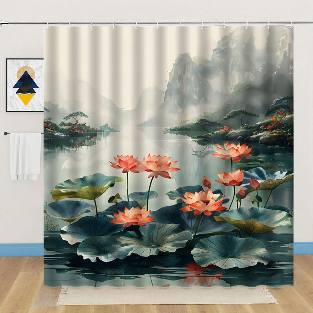 Lotus Shower Curtain Asia Floral Elegant Flowers Green Leaves Mountain Lake Chinese Painting Watercolor Nature Scenery Bathroom Decor Fabric Curtains with Hook 35Wx70H Inches (Green / 35"W x 70"L (Pack of 1))