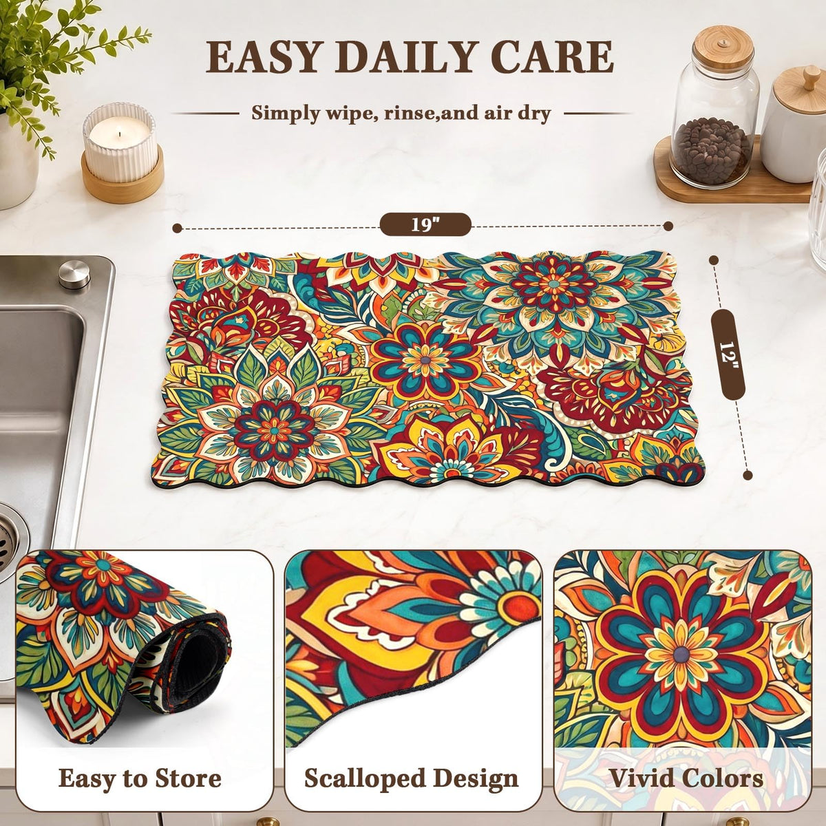 Scalloped Dish Drying Mat 2 (Boho Mandala / 12x19 inch)