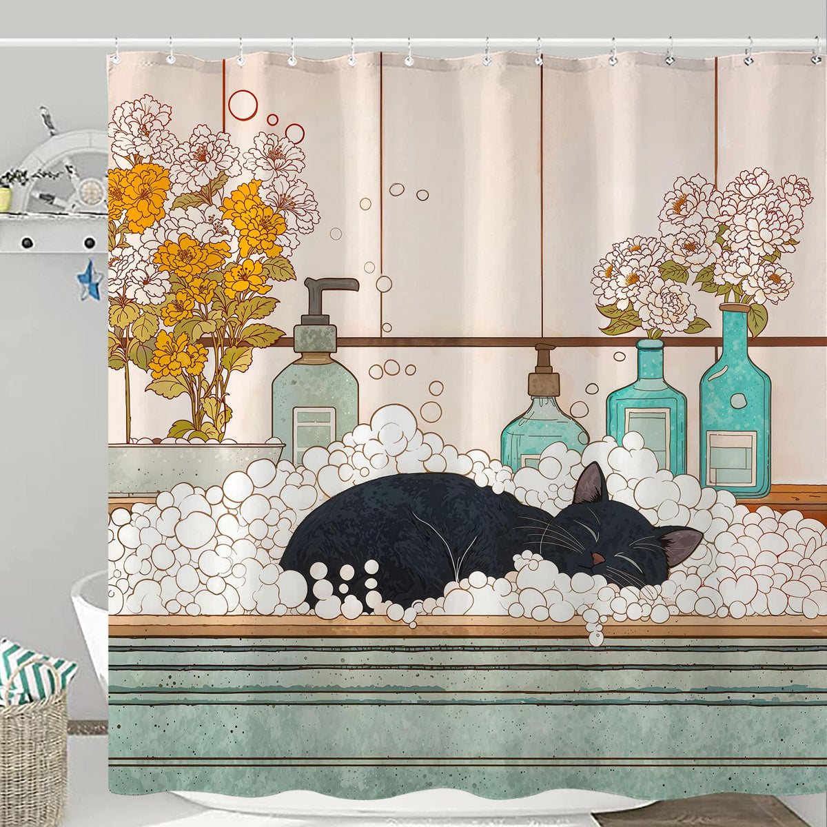 Peaceful Cat Shower Curtain Set Sleeping Feline Art Waterproof Bathroom Shower Curtain Serene Window Scene Print Cozy Home Decor 72x72 Inch (72"W x 72"L (Pack of 1) / Rose Gold)