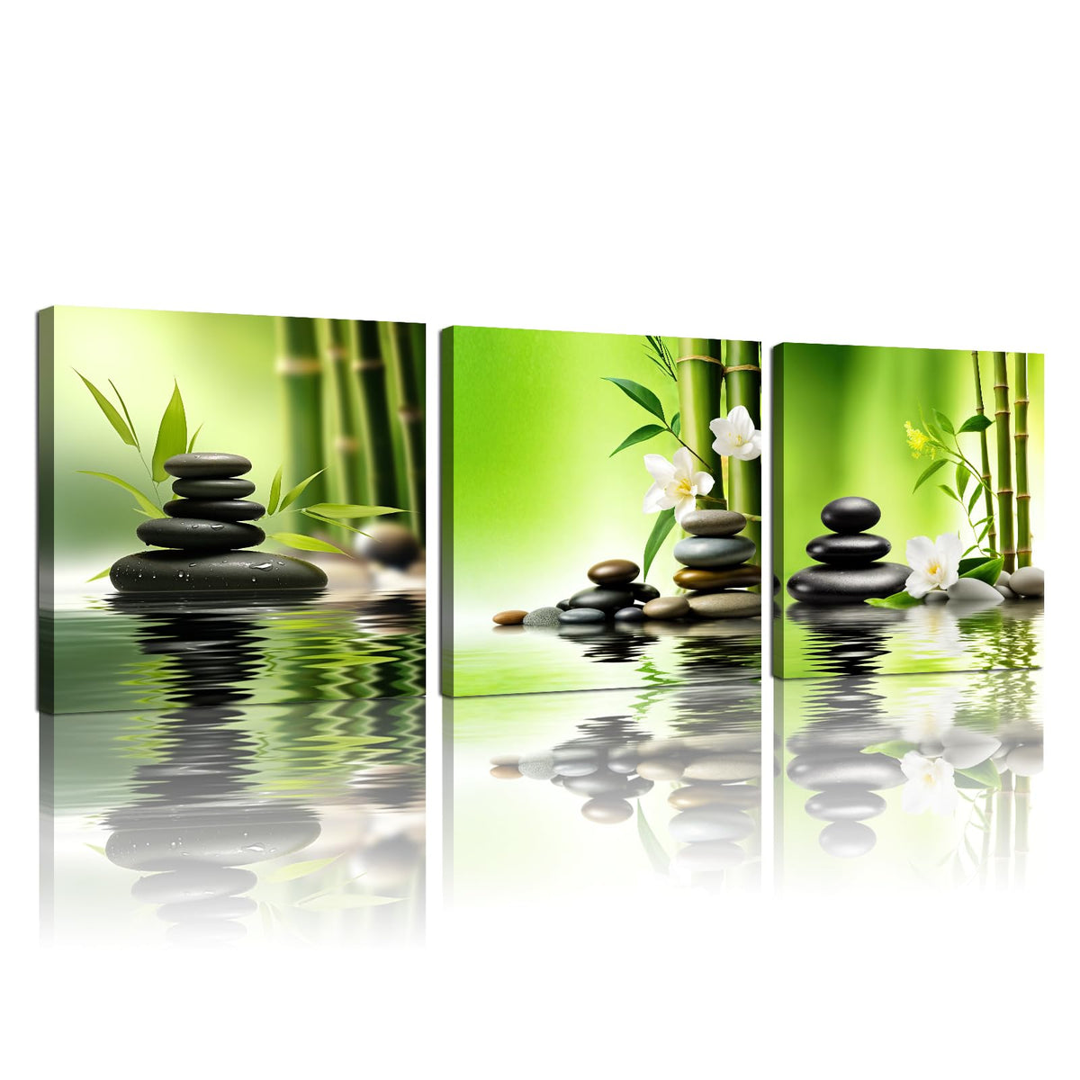 3 Panel Zen Wall Art Still Life SPA Stone Green Bamboo White Flower Pictures Meditation Yoga Wall Decor Natural Green Plant Canvas Artwork for Bedroom Bathroom Decor (Zen 01 / 8"L x 8"W)