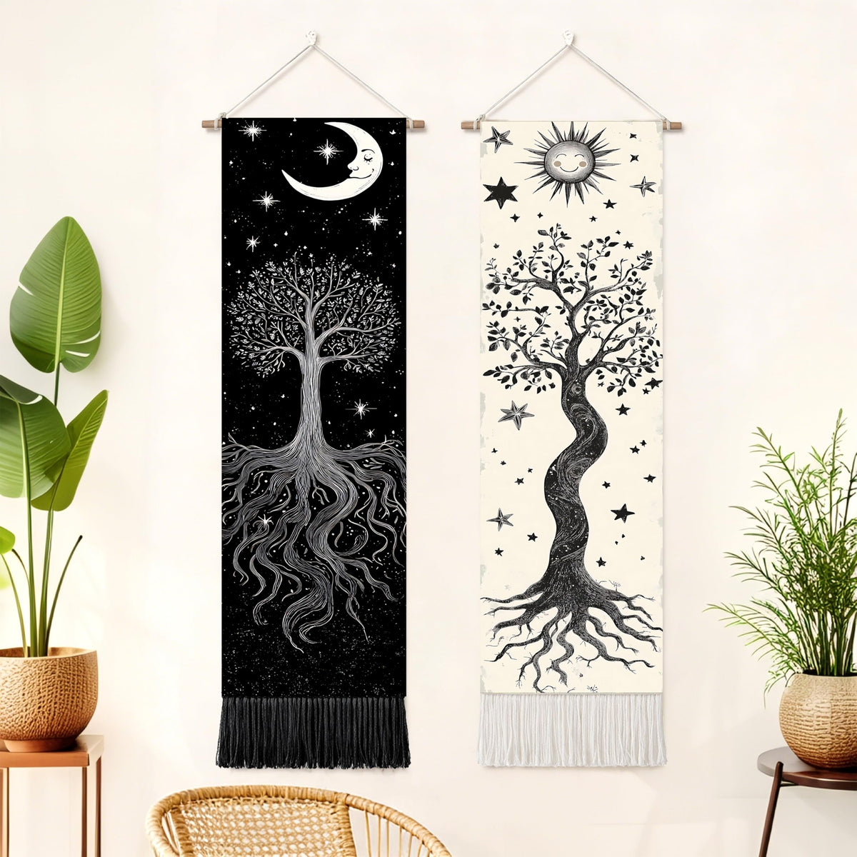 2 Pack Long Vertical Wall Tapestry (Night Forest Moon / 13"Wx51"H)