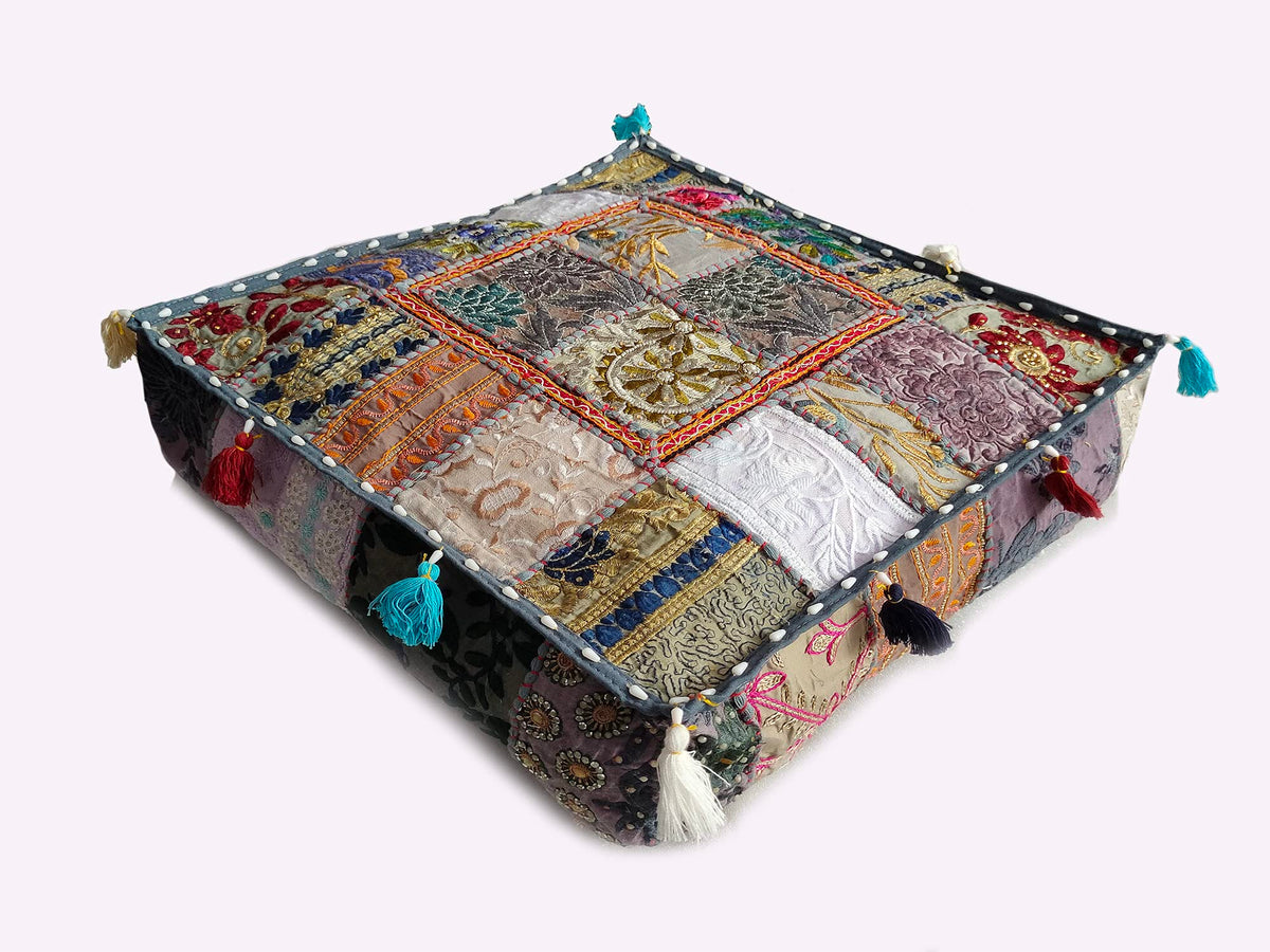 Indian Square Patchwork Traditional Pouf Cover Indian Living Room Poufs Decorative Embroidered Designer Ottoman Home Living Footstool Chair Cover Decor Pillow Cover 16x16x5 inches (16"D x 16"W x 5"H / Grey)
