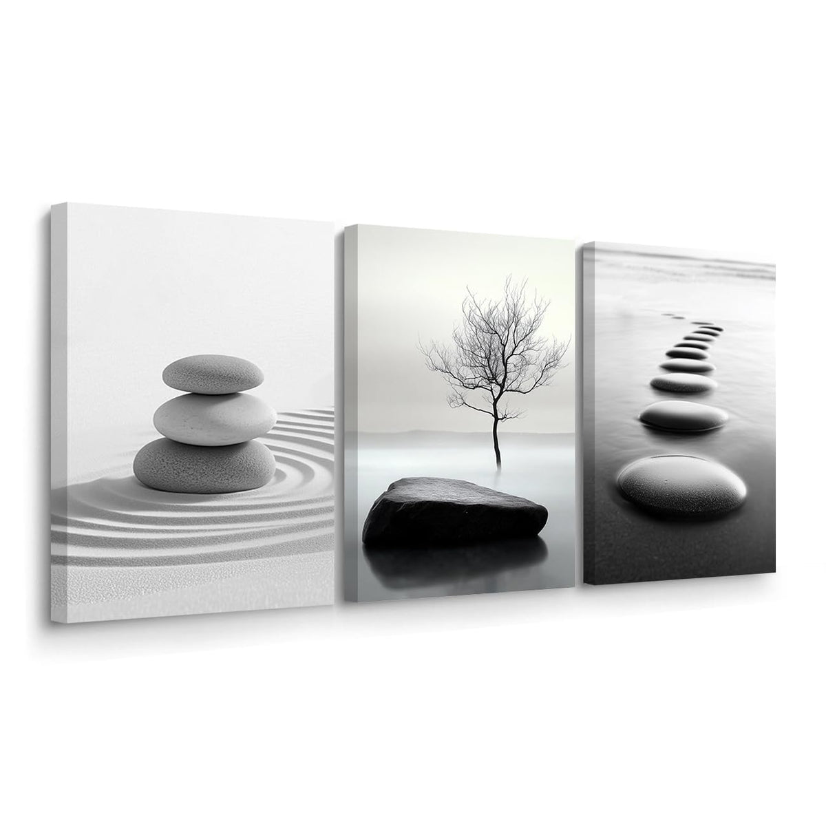 Black and White Zen Wall Art 3 Pieces Stones in Water Picture Canvas Print for Bathroom Spa Stone Painting Yoga Meditation Room Decor Framed (White / 12x16inchx3 Pieces)