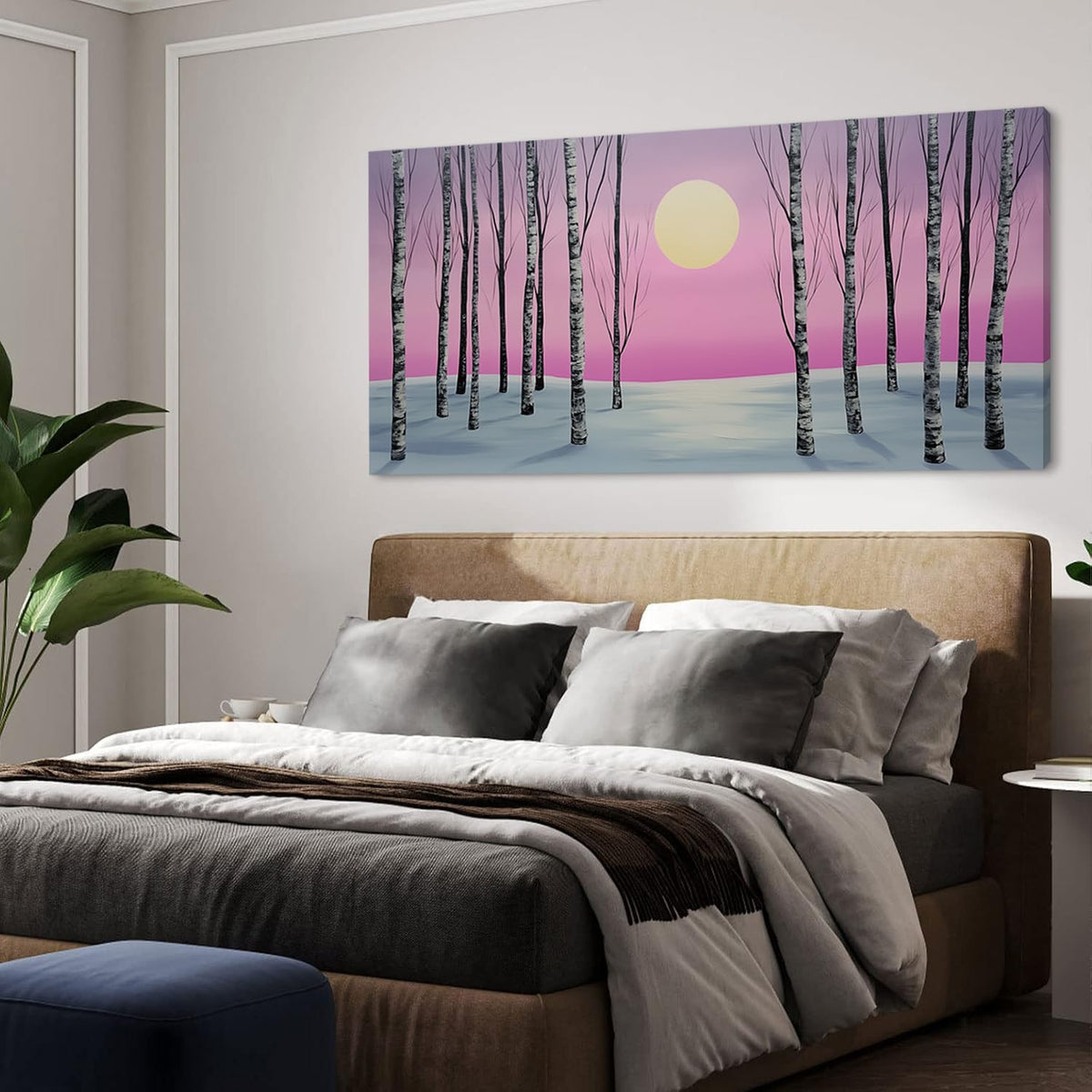 Pink Birch Forest Wall Art for Living Room Office Minimalist Landscape Moonlit Wilderness Art Painting Prints Contemporary Canvas Artwork Dining Bedroom Decor Extra Large (Contemporary / Pink Gold Birch Forest Wall Art / 58L" x 28W")
