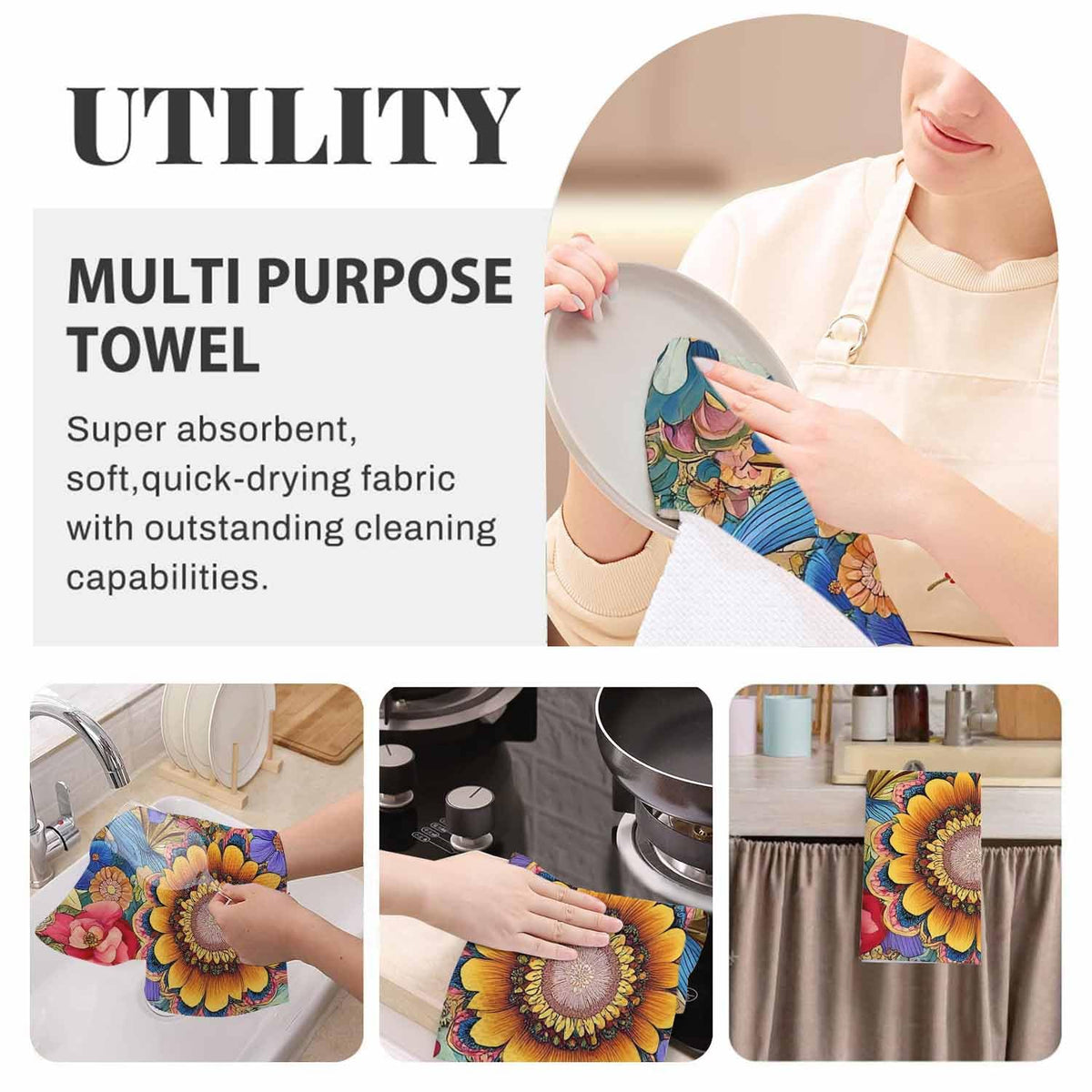Boho Floral Kitchen Towels Colorful Flowers Soft and Super Absorbent Dish Towels 2 Pack 16 X 24 Inches (Boho Floral)