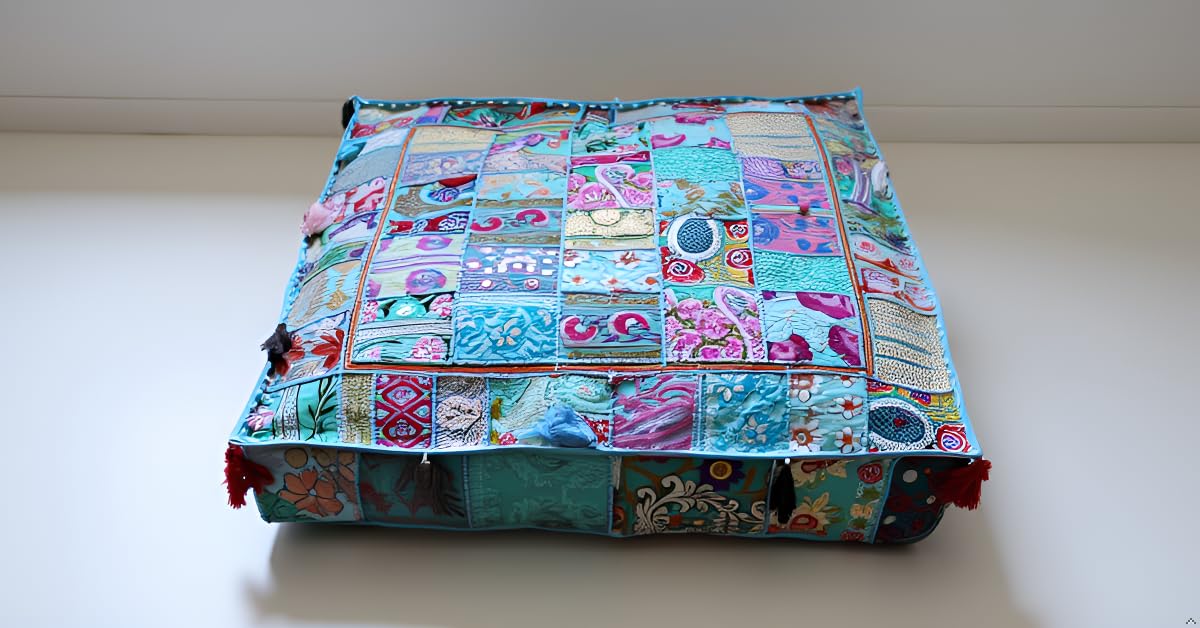 Indian Square Patchwork Traditional Pouf Cover Indian Living Room Poufs Decorative Embroidered Designer Ottoman Home Living Footstool Chair Cover Decor Pillow Cover 35 inches (35"D x 35"W x 5"H / Sky Blue)