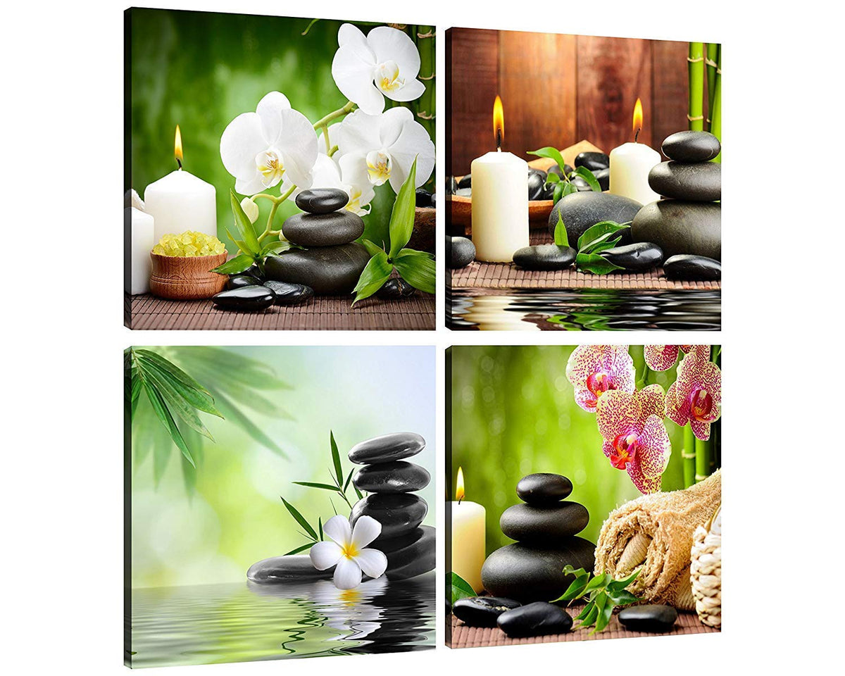 Spa Canvas Wall Art 4 Piece Zen Bathroom Wall Decor Orchid Candles Stones Canvas Prints Framed Relaxing Spa Wall Pictures for Bathroom Bedroom Living Room Office Ready to Hang (12X12inchX4 / orchid &zen)