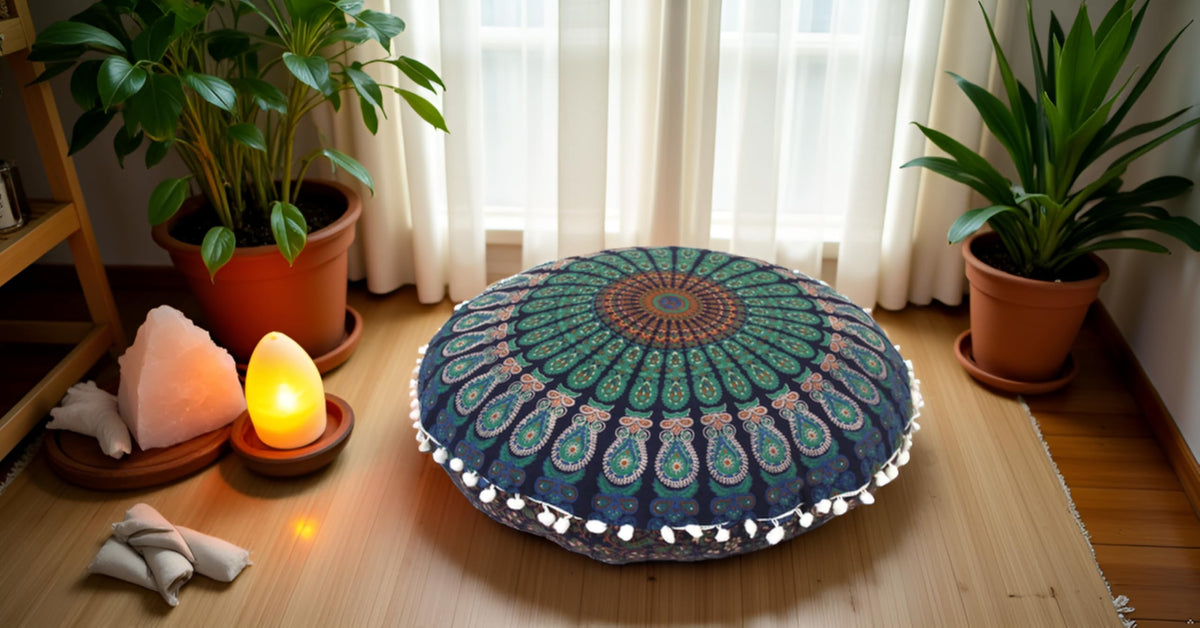 Large Hippie Floor Pillow Cover Mandala Meditation Cushion Case Pouf Cover Round Poufs Cover Bohemian Floor Cushion Cover Outdoor Fireplace Yoga Living Room Decor 32" Blue Mirchi (Blue Mirchi)