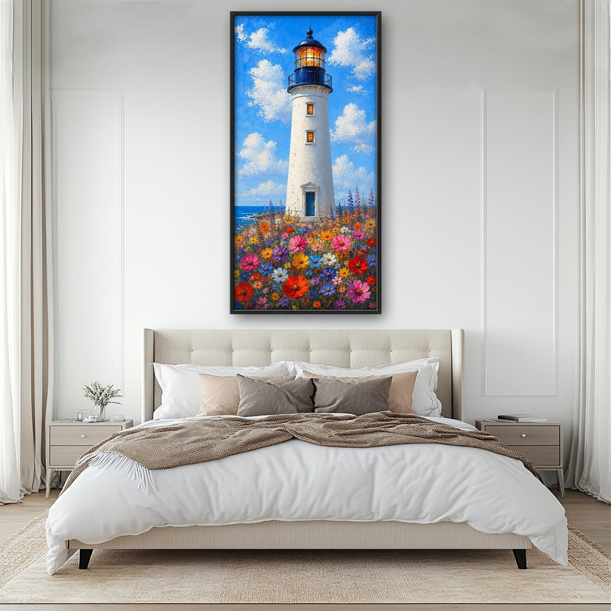 Lighthouse Large Vertical Wall Art Coastal Nautical Ocean Wall Decor Canvas Framed Pictures Painting Artwork For Living Room Bathroom Bedroom 30"X60" (Lighthouse Flower / 60"L x 30"W)