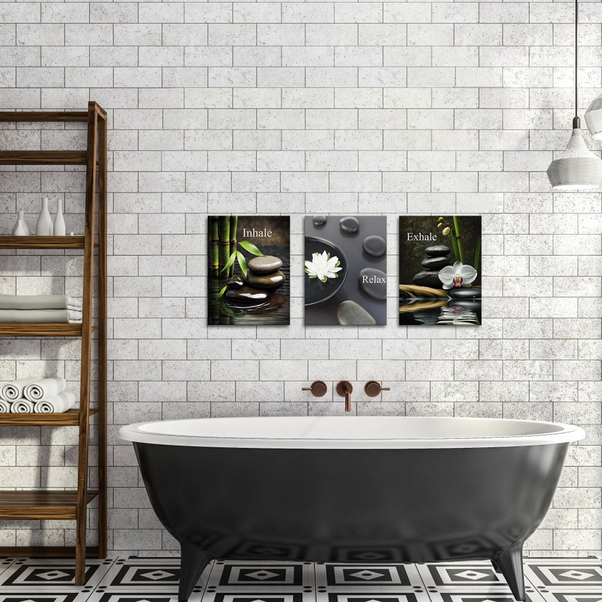 Zen Wall Art for Bathroom Zen Stone Bamboo Lotus Orchid Flower Pictures Still Life Prints for Zen Meditation Room Wall Decor Framed 12x16 inch each piece (16"L x 12"W)