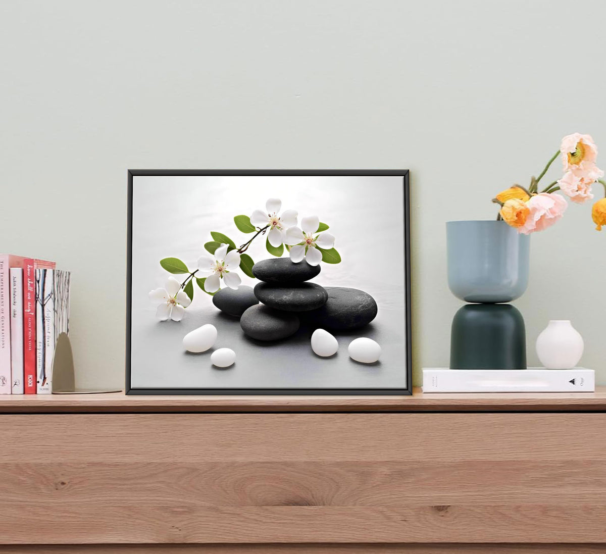 Framed Zen Stone Flower Canvas Wall Art Orchid Flower Black White Zen Stone Picture Wall Decor Still Life Poster Print Artwork for Bathroom Yoga Room Spa Room Meditation Room Office Home Decoration (Framed Stone / 16"L x 12"W)