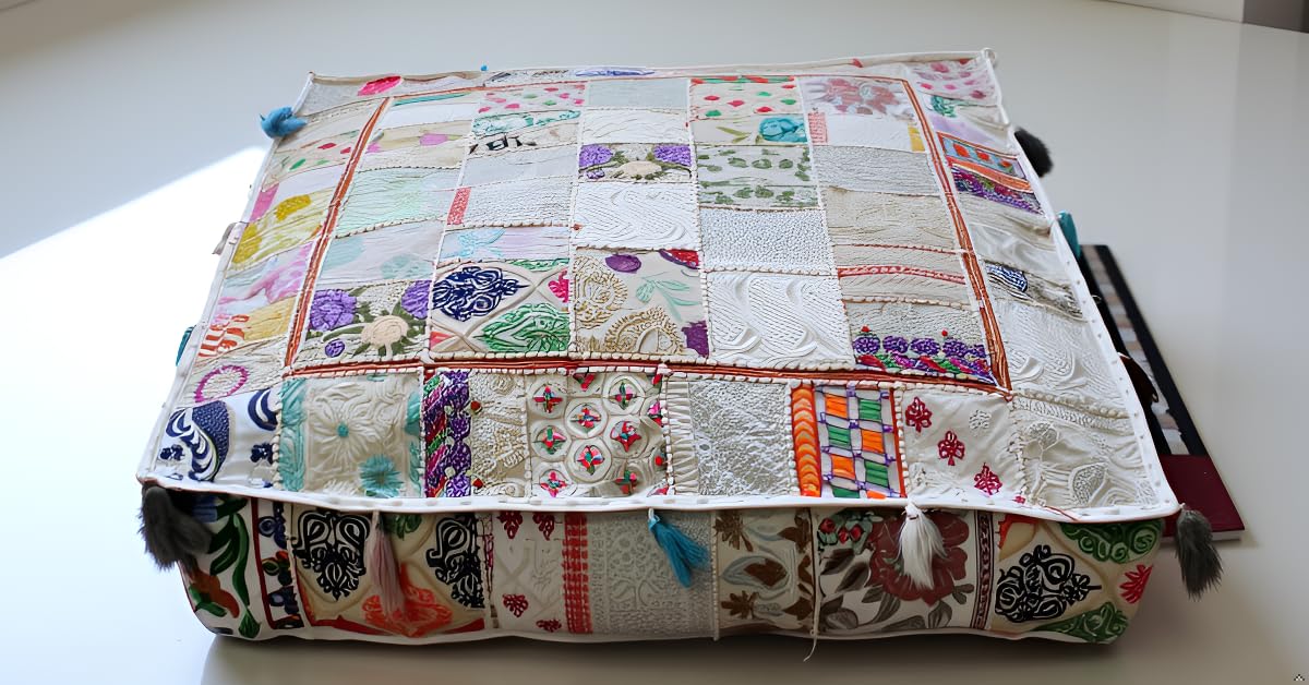 Indian Square Patchwork Traditional Pouf Cover Indian Living Room Poufs Decorative Embroidered Designer Ottoman Home Living Footstool Chair Cover Decor Pillow Cover 35 inches (35"D x 35"W x 5"H / Off White)