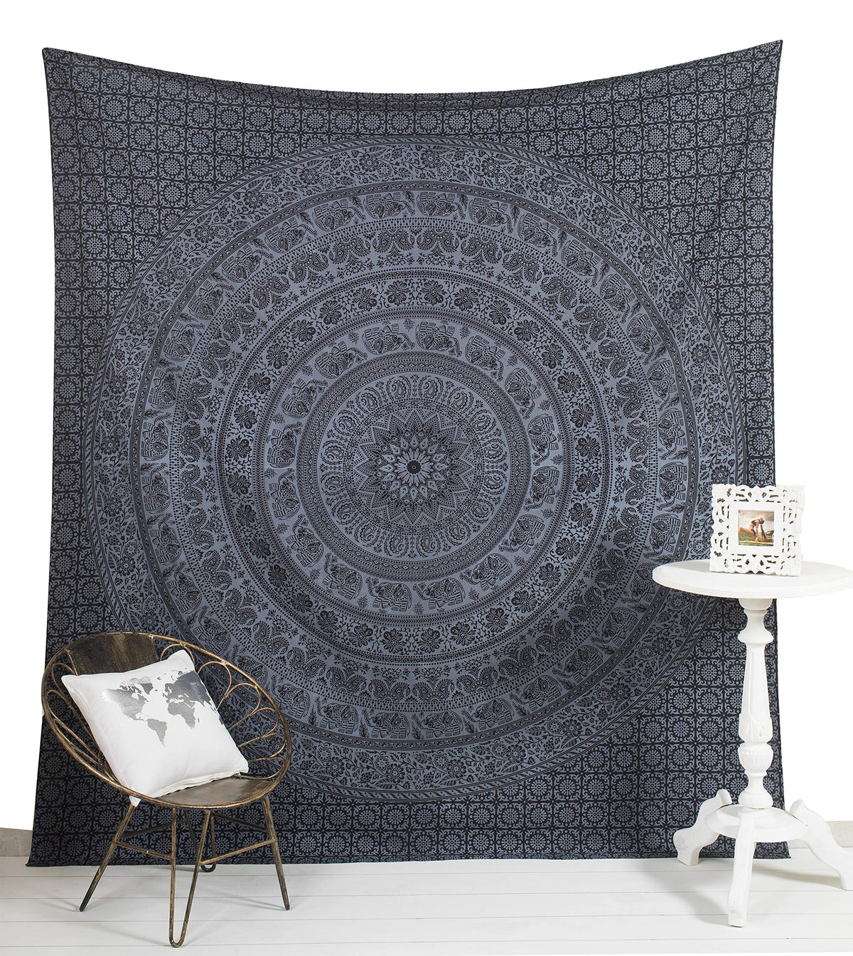 Wall Hanging Tapestry for Bedroom Hippie Mandala Bohemian Tapestry Floral Design Indian Magical Thinking Tapestries Dorm Decor 84 x 90 Inches (90"L x 84"W / Black and Grey)