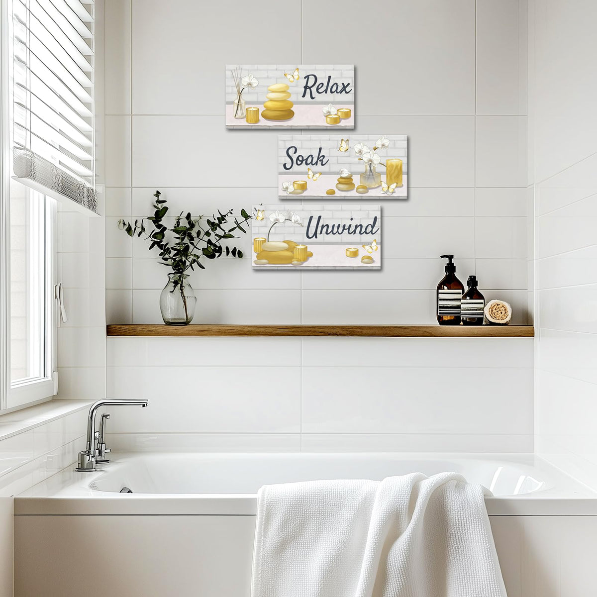 Yellow Bathroom Wall Art Zen Pictures Canvas Painting for Zen Meditation Room Wall Decor Framed 8"x16" for Each (Yellow)