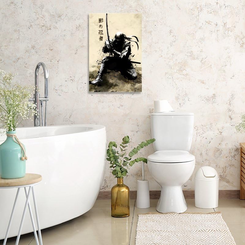Japanese Samurai Shadow Canvas Painting Wall Art Japanese Style Posters And Prints Retro Pictures Living Room Bedroom Decor Framed 8"X12" (12"L x 8"W / Frame-4)