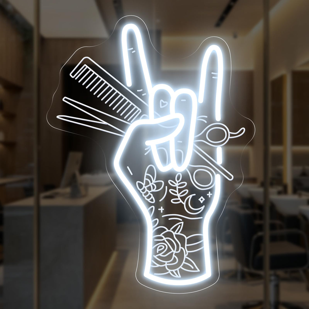 Stylish Hand Holding Scissors and Comb Neon Sign Hair studio Led Light (Hand Scissors)