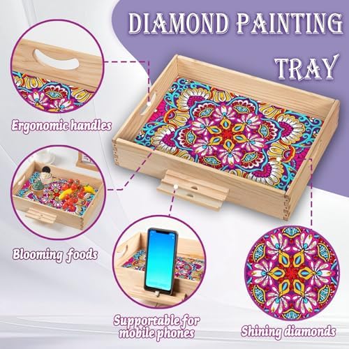 Diamond Art Kits for Adults Wooden Serving Trays with Phone Holder (A2 Mandala)