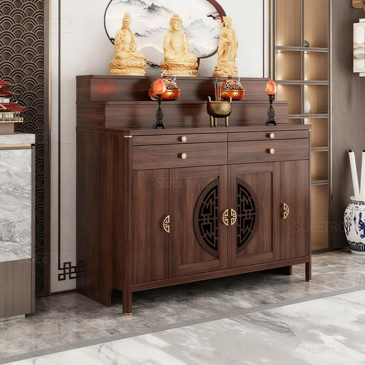 Wood Prayer Altar Table with Storage Cabinet and Drawer (Cherry / 50"L x 24"W x 50"H)