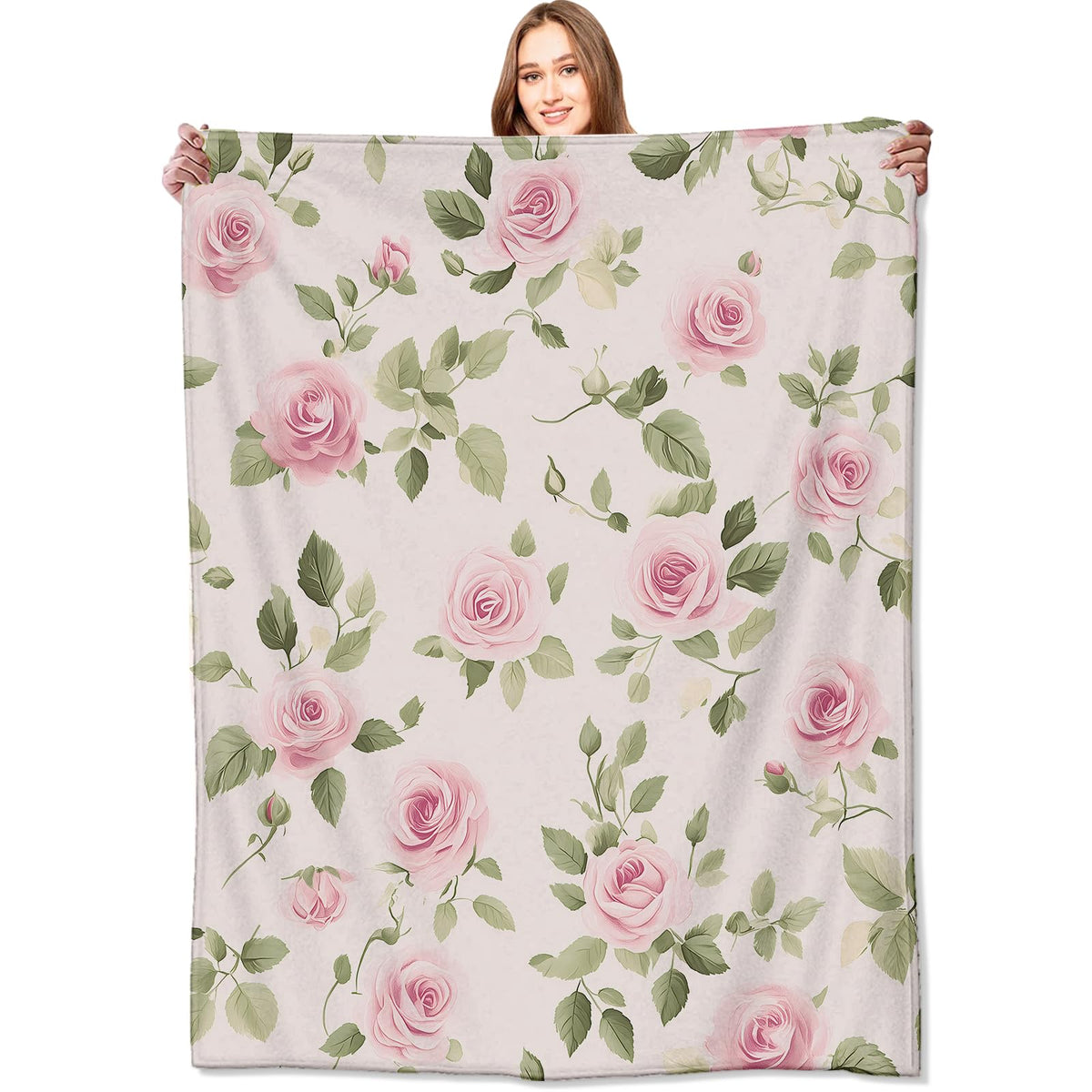 Floral Pink Rose Blanket Flower Throw Blankets with Green Leaves (40x50in / Rose)