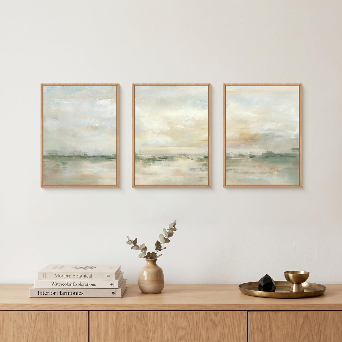 Abstract Green Gray Pastel Framed Canvas Wall Art (Neutral Green Wall Art / 12''x16''x3)
