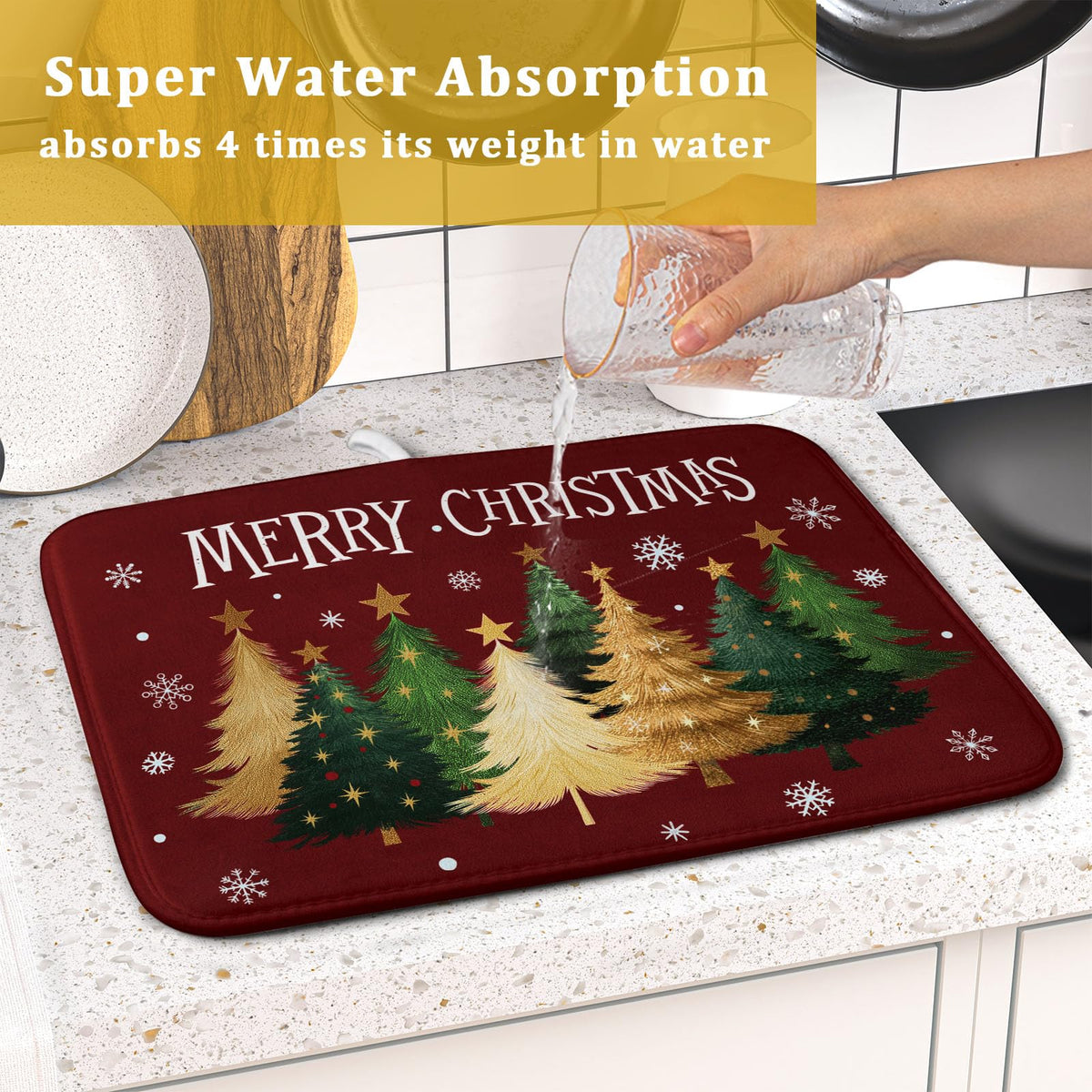 Xmas Tree Red Dish Drying Mat for Kitchen Counter (Xmas Tree Red / 16" x 18")