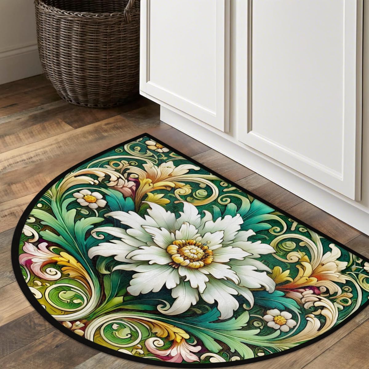 Ethnic Flowers Half Round Rug Half Moon Door Mat Half Circle Rugs (Color 5)
