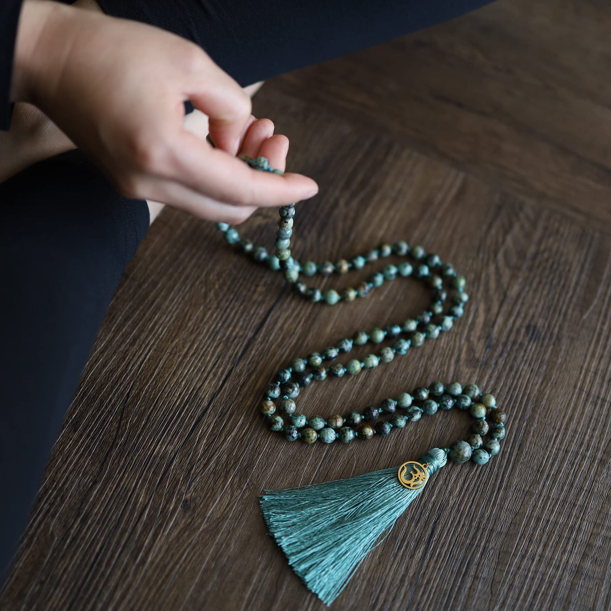 OM Charm Hand Knotted Tassel 108 Mala Beads African Turquoise Stone Beaded Necklace 8mm (8mm / Faceted African Turquoise)