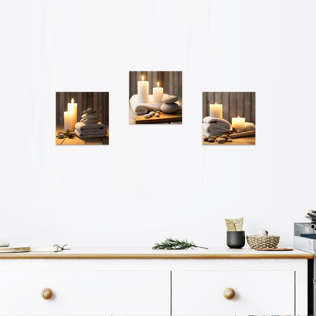 Zen Canvas Wall Art 3 Piece Bath Towel Candles And Zen Stones Picture Print Bathroom Beauty Spa Treatment Meditation Room Wall Decor Framed (A / 12"x12"x3)
