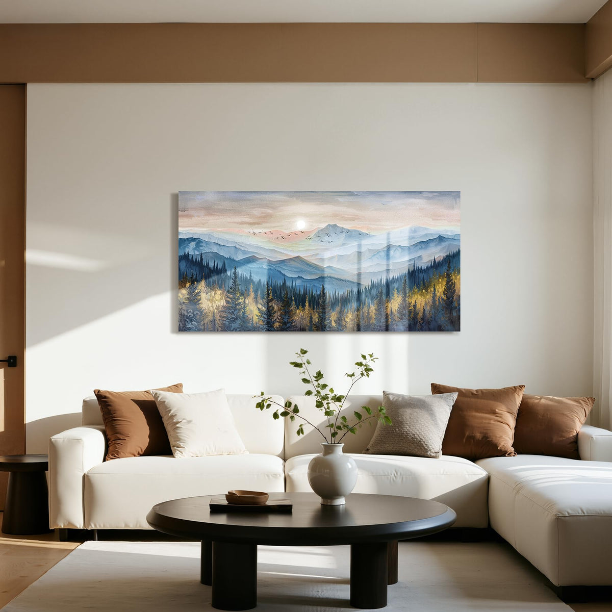Modern Mountain Large Wall Art Forest Landscape Painting Blue Gold (Blue Ridge Mountains / 48"L x 24"W)