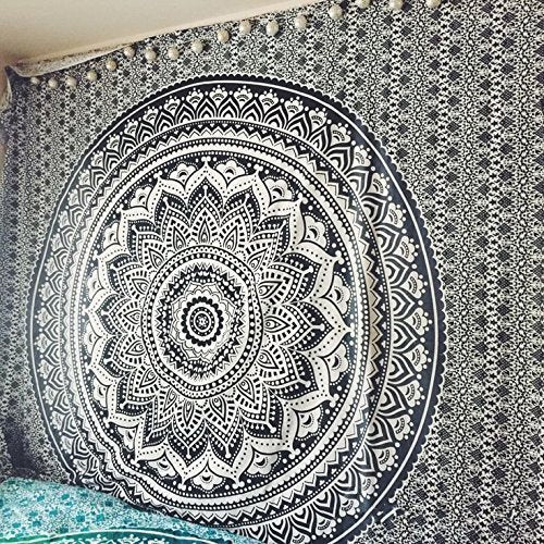 Tapestry Wall Hanging Hippie Ombre Mandala Bohemian Hippy Psychedelic Design Indian Tapestries Bedspread 54 x 82 Inches (82"L x 54"W / Black Grey)