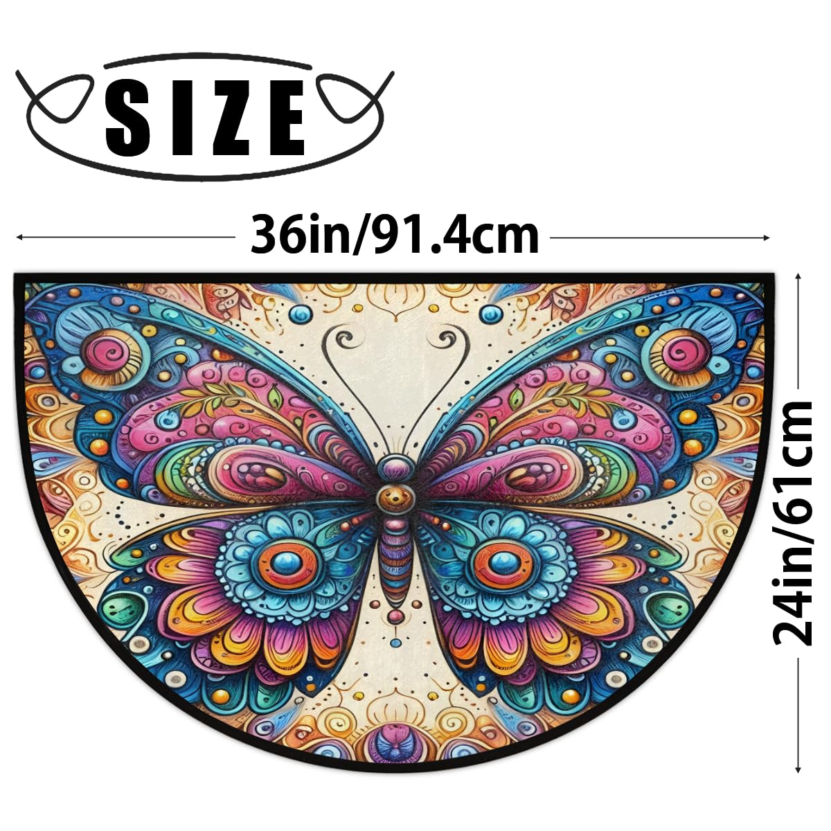 Colorful Butterfly Ethnic Half Round Mat Half Moon Door Rug Washable Durable Semi Circle Carpet Floor mats for Indoor Outdoor Bathroom Kitchen Patio Hearth Rug Laundry Room Home Decoration (D 029)