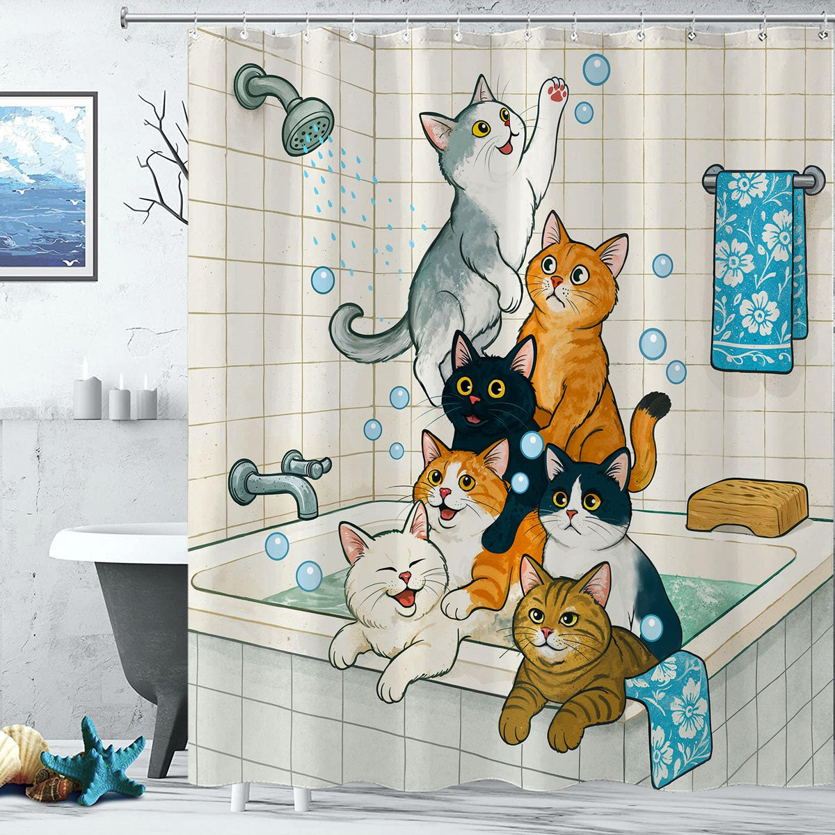 Cozy Cat Shower Curtain Set Playful Bathtime Scene Waterproof Bathroom Shower Curtain Cute Animal Fun Print Inviting Home Decor 72x72 Inch (72"W x 72"L (Pack of 1) / Silver Gray)