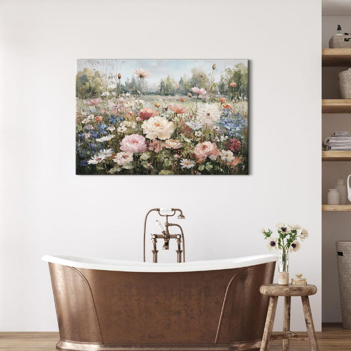 Vintage Wildflowers Wall Art Roses Daisy Canvas Painting for Living Room Farmhouse Colorful Flower Canvas Prints Rustic Country Nature Floral Landscape Artwork for Bedroom Home Decorations 24x36" (36"L x 24"W / Pink Flower)