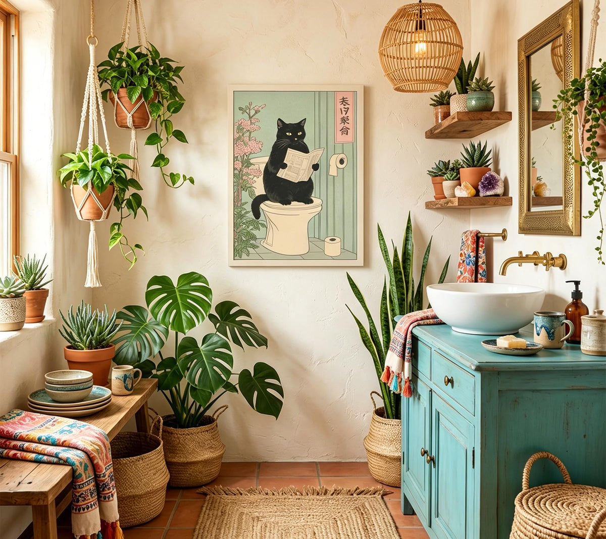 Japanese black cat on toilet Canvas Wall Art Funny bathroom print Toilet poster Japanese Cat Wall Decor Pictures Aesthetic Minimalism Artwork Neutral Painting Home Decoration (Canvas / 16"L x 12"W)