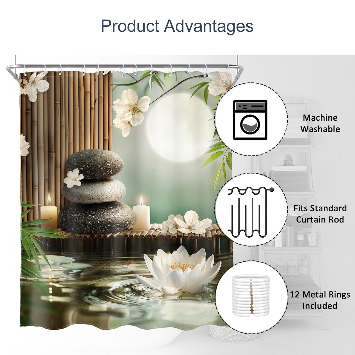 Lotus Zen Bamboo Stone Shower Curtain Spa Floral Flowers 60Wx72L Inch (E-green / 60"W x 72"L (Pack of 1))