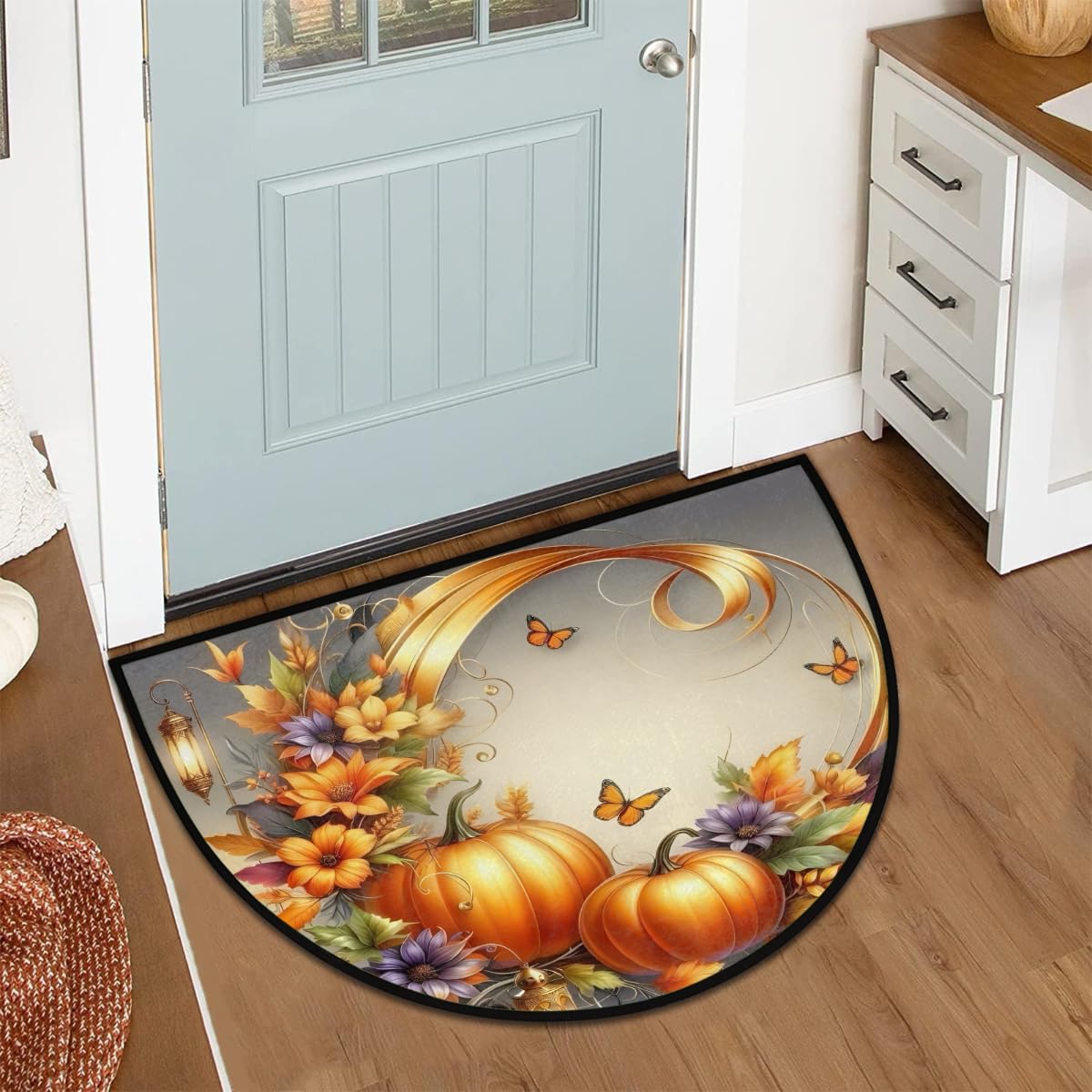 Half Round Door Mat Autumn Butterfly Flower Pumpkin Non (E 05)