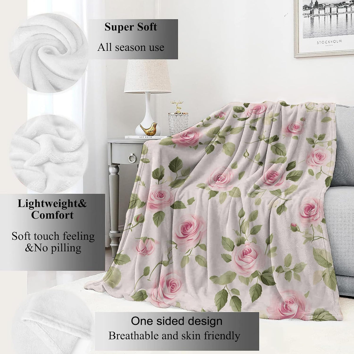 Floral Pink Rose Blanket Flower Throw Blankets with Green Leaves (50x60in / Rose)