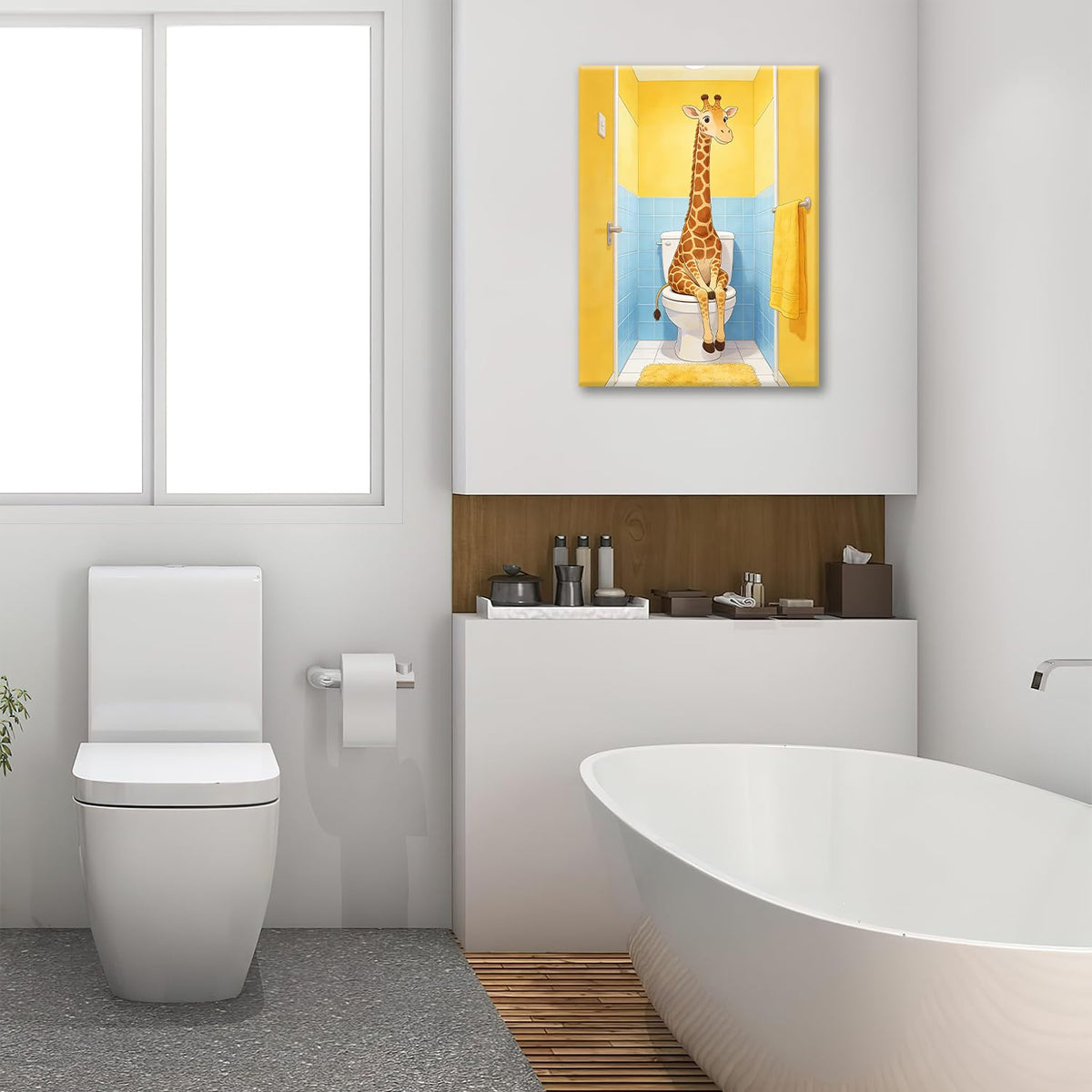 Bathroom Giraffe Canvas Wall Art Funny Toilet Print Framed ArtWork 12"x16" (Funny Giraffe / 16"L x 12"W)