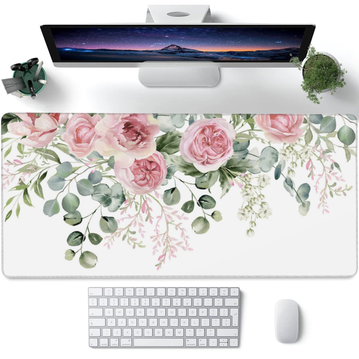 Desk Mat Peony Flowers and Eucalyptus Leaves Large Gaming Mouse Pad for Desk XXL (15.7" x 35.4" / Peony Flowers and Eucalyptus Leaves)
