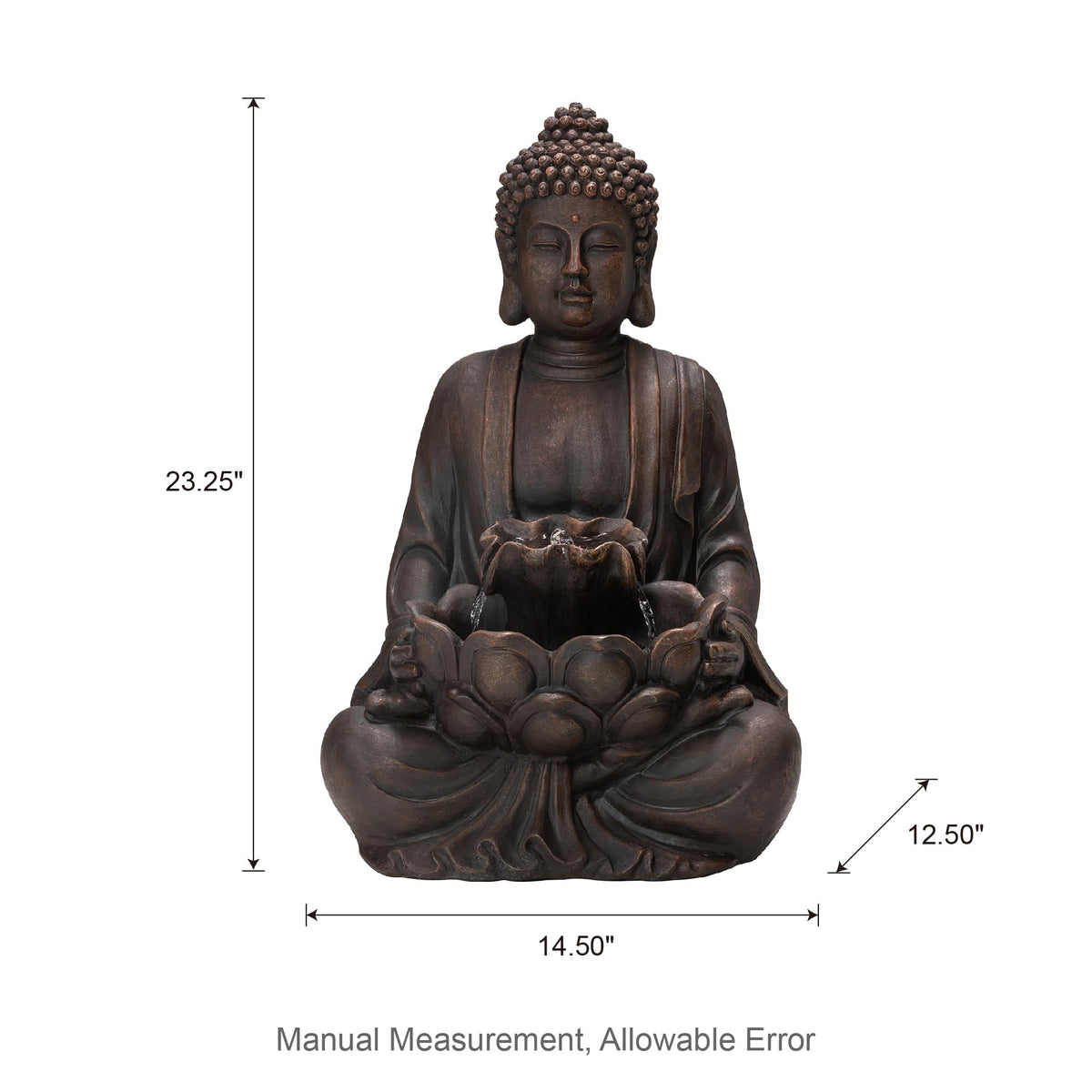 Zen Style Meditating Buddha Statue Fountain Polyresin Outdoor Decoration with Pump and LED Light (23.25in Tall)