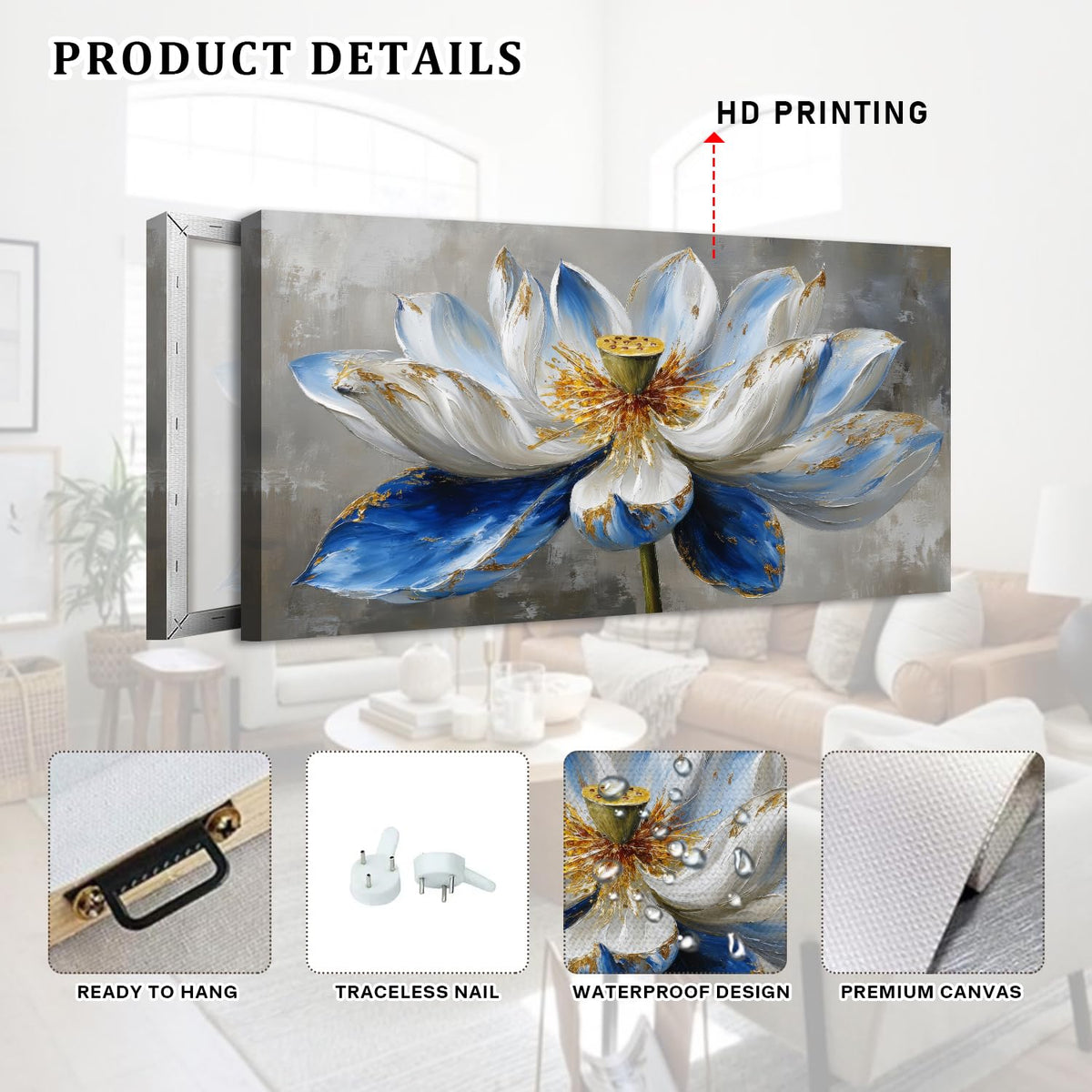 Zen Wall Art Abstract Lotus Wall Decor for Boho Bedroom Spiritual Meditation Paintings Picture Minimalist Blue Flowers Canvas Prints Watercolor Floral Artwork for Living Room Office Decorations 30x60" (60"L x 30"W / BLotus)