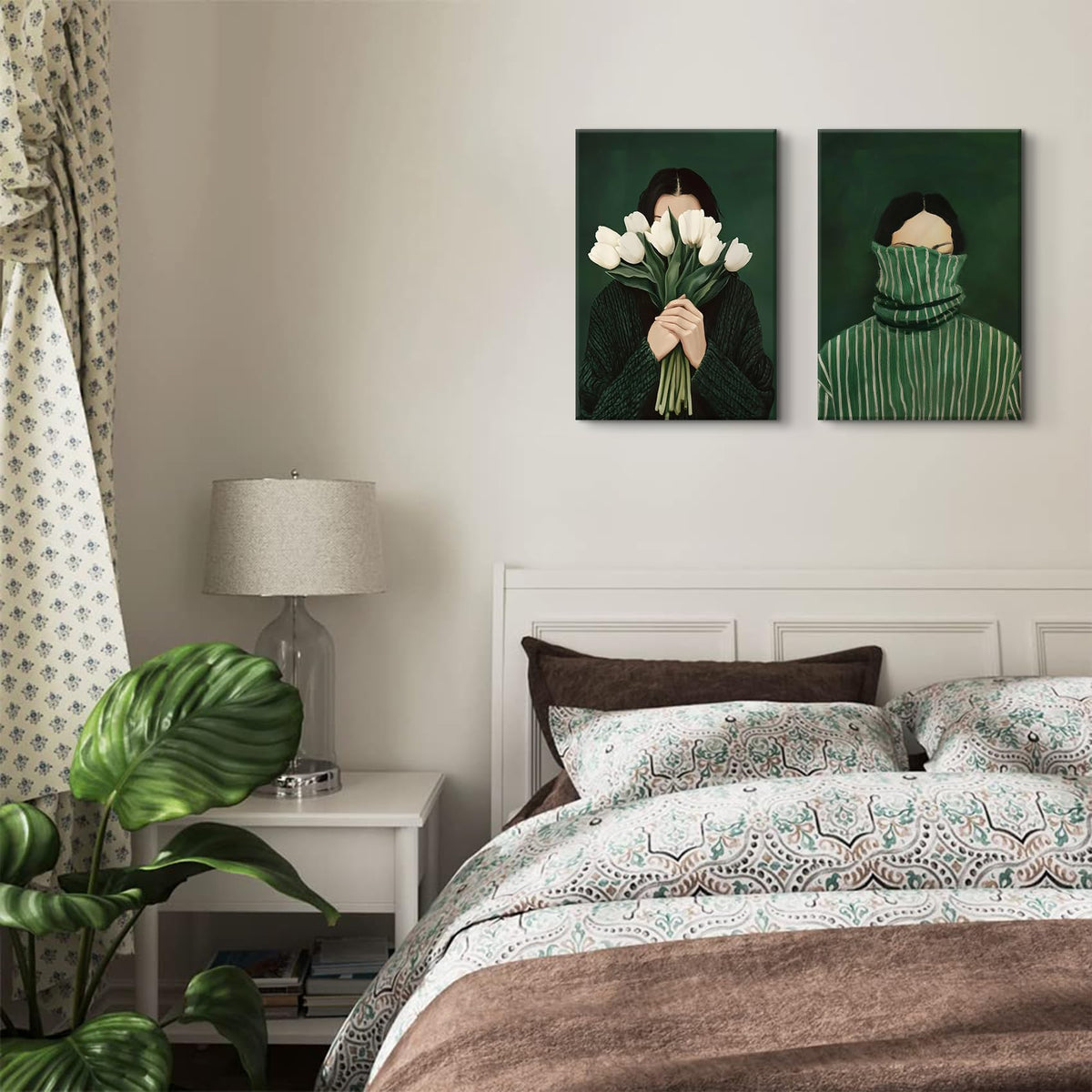 Funky Emerald Green Abstract People Wall Art Vintage Eclectic Woman Portrait Canvas Wall Decor Retro Minimal Japandi Stripe Painting Mysterious Abstract Female Picture Print (Green Abstract Woman / 24"L x 16"W)