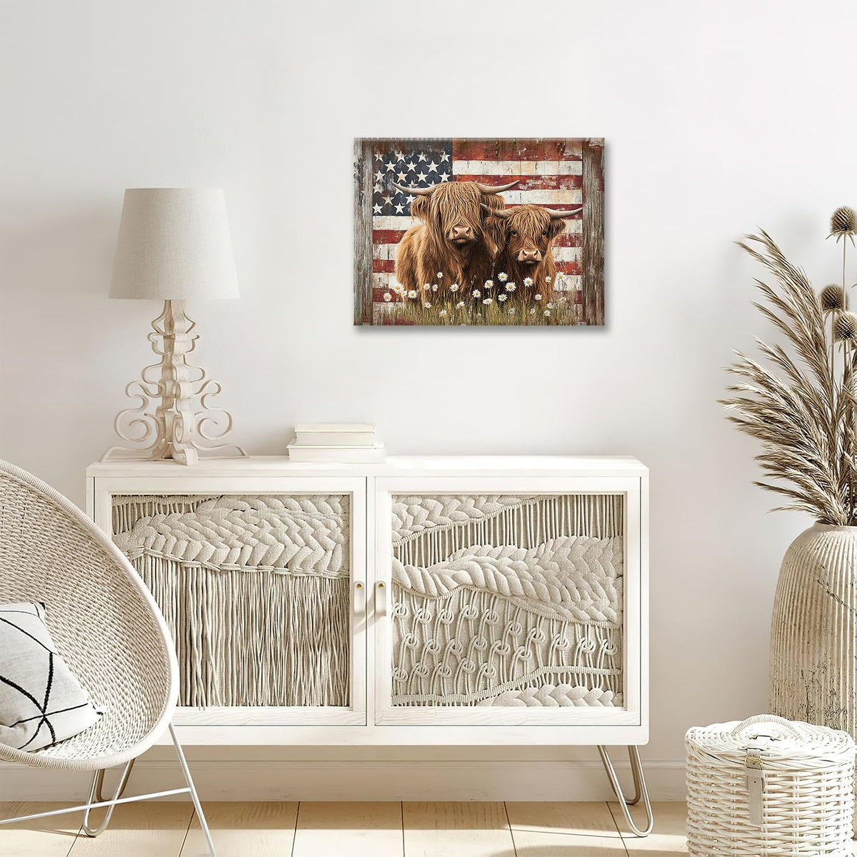 Highland Cow Canvas Wall Art Animal Print Painting Framed ArtWork 12"x16" (Highland Cow-Flag / 16"L x 12"W)