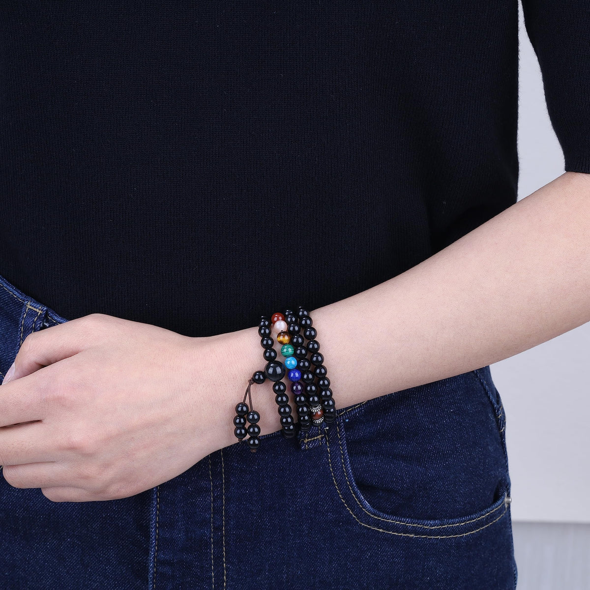 Obsidian 7 Chakra 108 Beads Stone Beaded Mala Bracelet Necklace (Rainbow Obsidian)