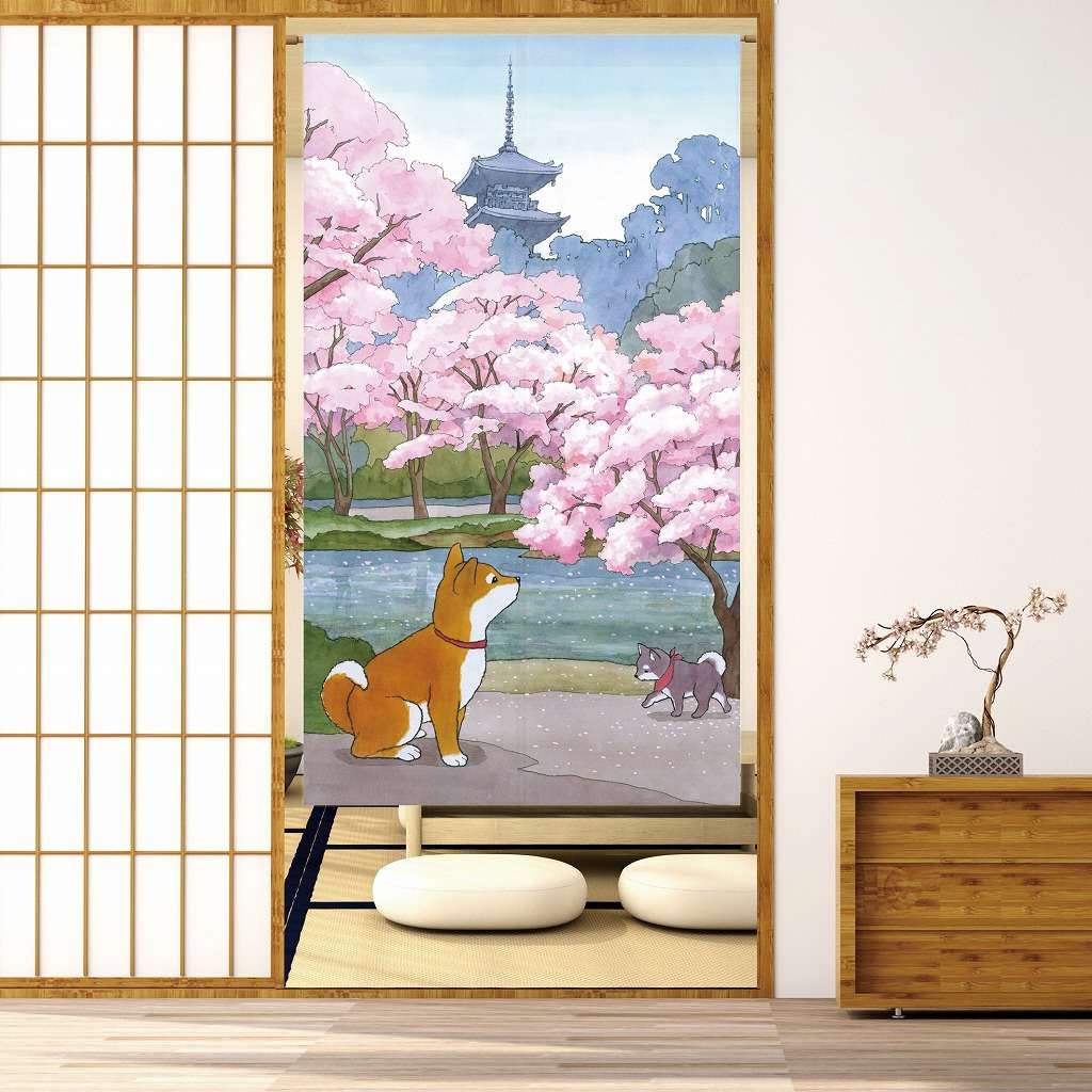 Noren Japanese Doorway Curtain Asian Tapestry Decorations Room Divider Privacy Cherry Blossom Puppy Anime Curtains Oriental Traditional Chinese (Sakura and Akita-dog / 33.5"W x 67"L (Pack of 1))